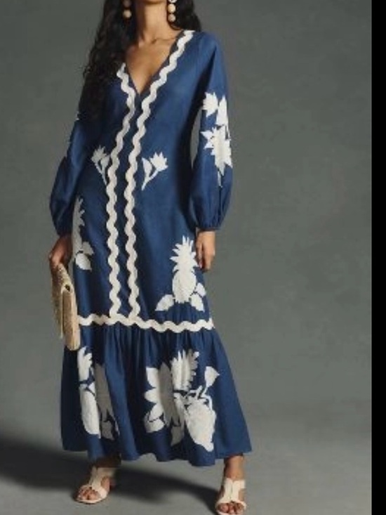 FARM Rio Dresses & Skirts - Farm Rio  Navy Blue White Floral Embroidery long sleeves Maxi Dress S XS